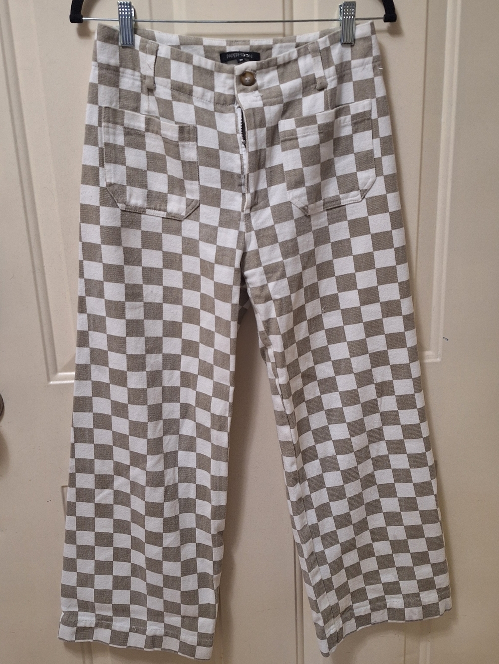Papermoon Beige White Checkerboard Wide Leg Pants Size M High Rise Retro